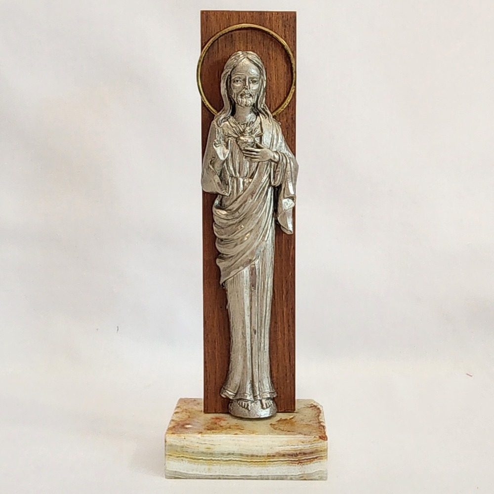 Vintage Sacred Heart of Jesus Statue Metal Wood Marble Base Religious Icon 8in